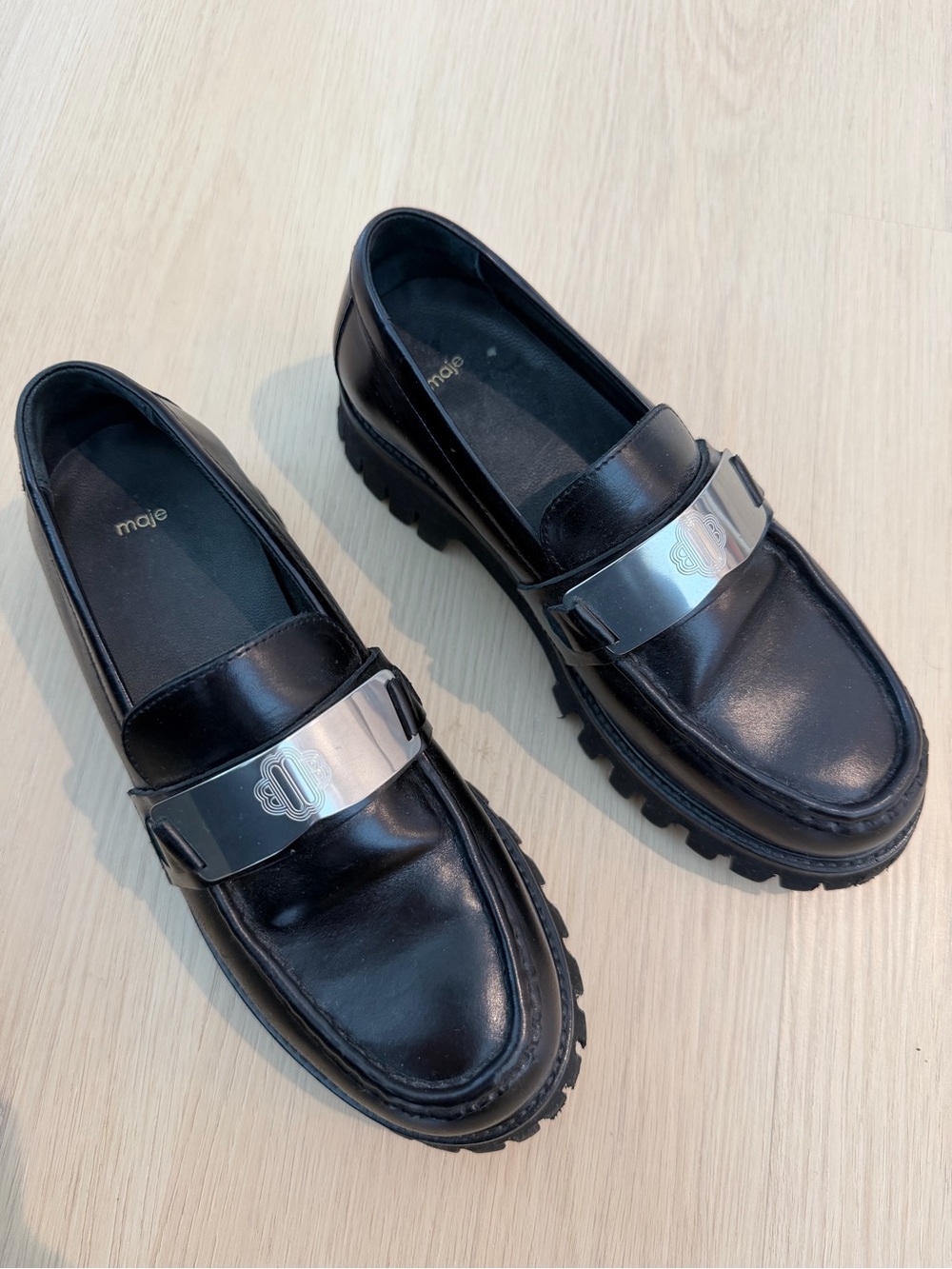 Maje Black Leather Lug-Sole Loafers with Silver-Tone Plate